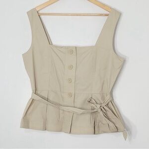 DKNY NEW Tan Sleeveless Square Neck 100% Cotton Button Tailored Peplum Vest Top